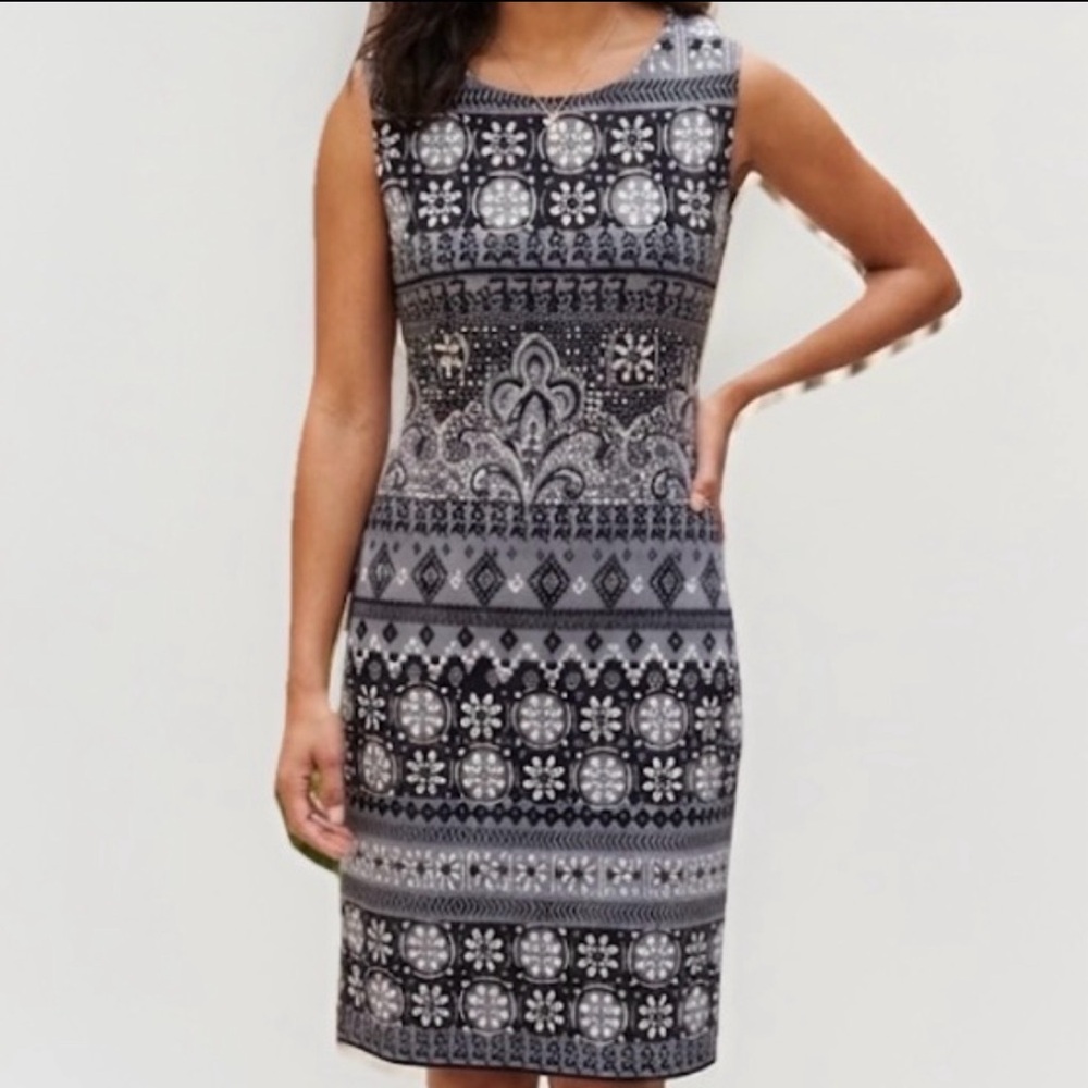 RM Richards Petite Black Gray Geometric Sheath Dress Sleeveless Size 4P